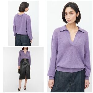 EUC KHAITE Jo Cashmere Amethyst Purple V-Neck Polo Luxury Sweater Pullover M